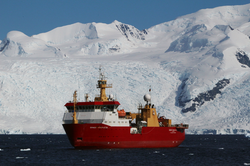 British Antarctic Survey research ship Ernest Shackleton at Antarctica. Credit Lloyd Peck