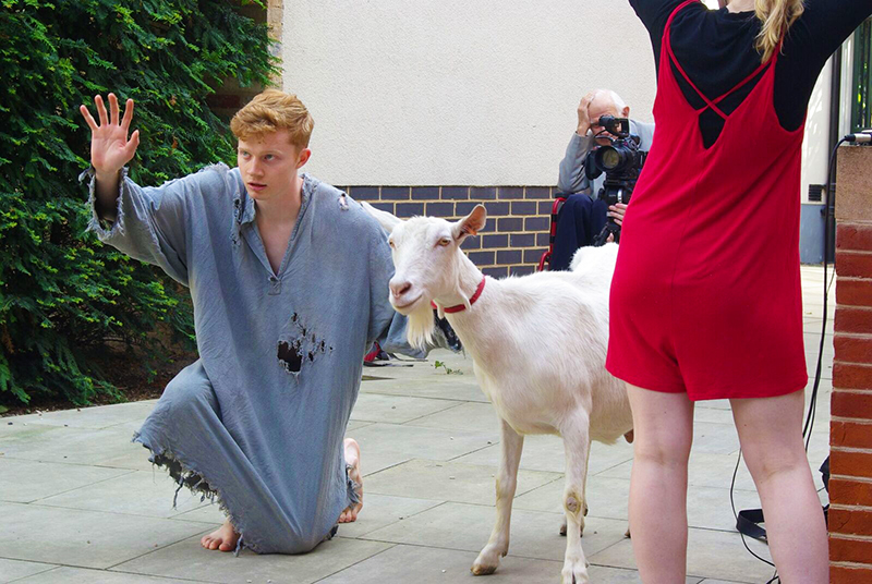 George Heath-Whyte as Gimil-Ninurta in The Poor Man of Nippur with Florence the goat